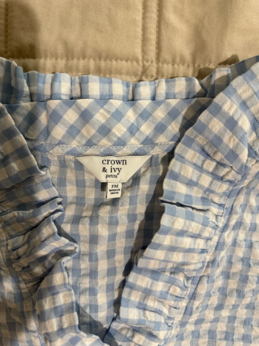 crown & ivy Petite Blue and White Gingham Ruffle Shirt